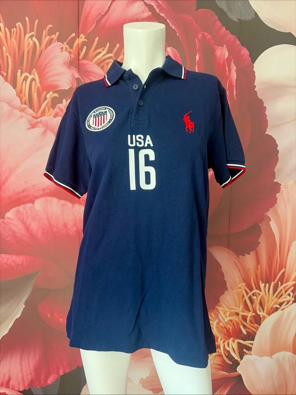 Polo Ralph Lauren USA 16 Big Pony Polo Shirt Navy Blue Men's M Custom Fit Flag